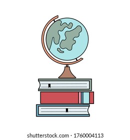 Ilustración de vector de color de un globo en una pila de libros de estilo plano, diseño, decoración, icono