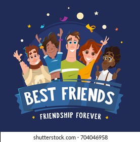 Color vector illustration group team happy smile teenagers students friends