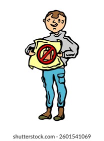 Color vector illustration of a guy with a poster calling against excessive shopping on a white isolated background