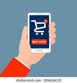 Color vector illustration. Hands holding a phone. There is online-shopping and button "buy now"