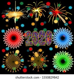 color vector illustration "Happy New Year" 2020 - sparklers, fireworks, confetti
