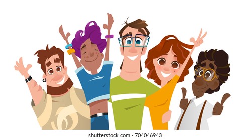 Color vector illustration of happy smile successful modern team of students friends