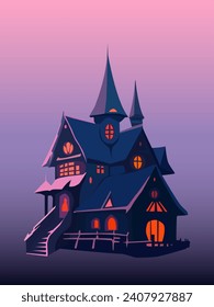 color vector illustration of a haunted house on a purple background. Vector illustration for decorating scenes and interiors in a fairytale style