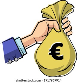 Color vector illustration of human hand holding money sack with euro sign.