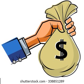 Color vector illustration of human hand holding money sack with dollar sign.