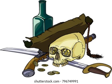 Color vector illustration with human skull wearing old hat, with sabre, pistol, golden coins and green bottle