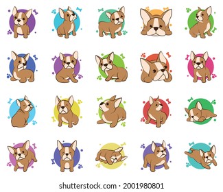 Color vector illustration icon set cartoon on a white background of cute French Bulldogs.