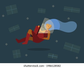 Color vector illustration with the image of a floating girl, who is holding a box from which light comes