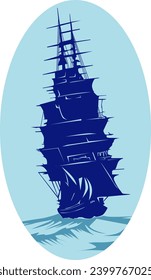color vector illustration with the image of a vintage sailboat in blue tones in the form of a sticker for prints and design of labels, poster emblems in a nautical style