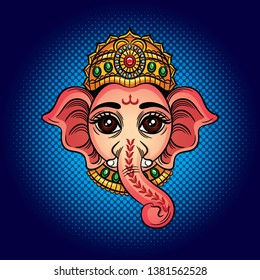 Color vector illustration of an indian god with an elephant head. Indian deity Ganesh. Drawing for tattoo with an elephant's head. Design element for postcard, logo, banner. 