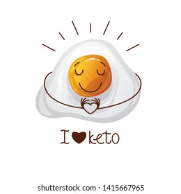 Color vector illustration with the inscription I love keto. Funny egg character. Cute face, cartoon character emotions. Design for keto diet. Logo for keto nutrition.