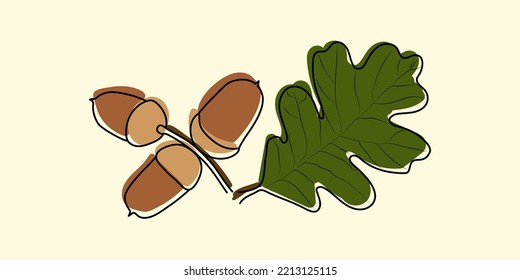 Color vector illustration of an isolated acorn with a leaf drawn on a background. A design element for invitations, templates, postcards and posters.