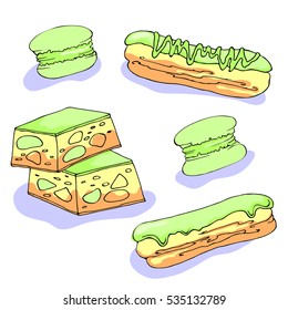 color vector illustration isolated cakes set eclair macaroons