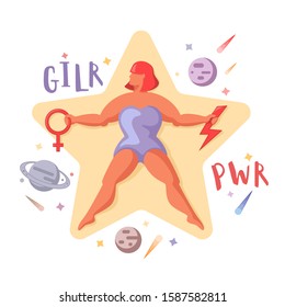 Color vector illustration isolated on white background. Feminism. Lettering girl pwr. Lettering. Design print.