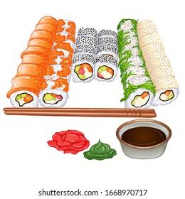 Color vector illustration isolated on white background. Philadelphia sushi rolls set. Traditional Japanese food. Sushi set objects: chopsticks, wasabi, ginger, soy.