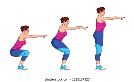 Color vector illustration isolated on white background. Side view girl trains with her own weight. Attractive girl in sportswear is exercising. Set for animation girl squats