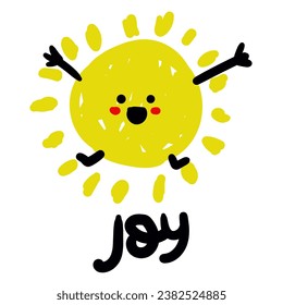 Ilustración de la alegría, el sol con emociones, al estilo de garabatos y bocetos. Un gran sol amarillo con emociones humanas y alegría marcada en la interpretación de un niño. Diversión, felicidad