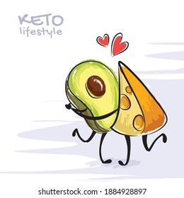 Color vector illustration of keto lifestyle. Funny dancing avocado and cheese character. Cute cartoon characters with love emotions. Keto diet concept