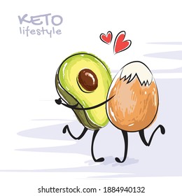 Color vector illustration of keto lifestyle. Funny dancing avocado and egg character. Cute cartoon characters with love emotions. Keto diet concept