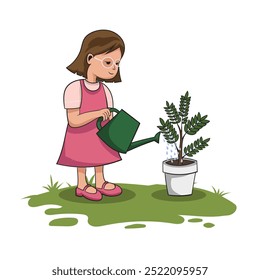 Color vector illustration of kids activity coloring book page with pictures of kids doing housework by watering plants.