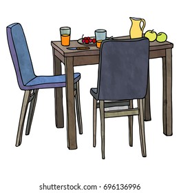 Color vector illustration. Kitchen table with morning meal, two chairs.