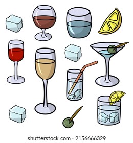 Ilustración del vector de color. Un gran conjunto con diferentes vasos con bebidas alcohólicas y no alcohólicas, permite relajarse
