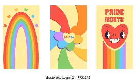 Color vector illustration with lgbt theme posters in groovy style. Pride month, rainbow, heart, lettering
