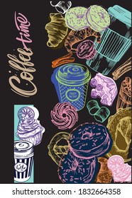 Color vector illustration with a line. Vector images of coffee, pastries, donuts and various Goodies. Menu cover, postcard, banner.