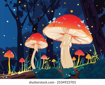 Color vector illustration of magic mushrooms in the forest