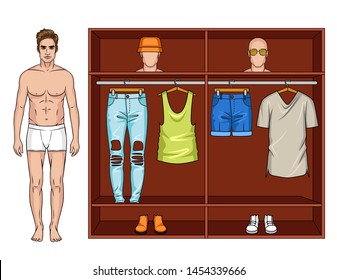 Color vector illustration of a male modern wardrobe for the summer. A man stands next to a closet with clothes. Two urban image for a male summer wardrobe. Male doll with clothes and wardrobe 