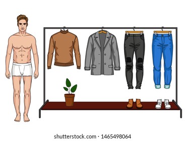 Color vector illustration of a male modern wardrobe for the autumn season. A man stands next to a closet with clothes. Two urban outfits for a male wardrobe. Male doll with clothes and wardrobe 