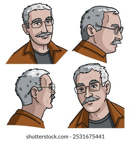 Ilustração do vetor de cor de um homem com óculos e um bigode em vários ângulos. Perfeito para retratos, design de personagens e ilustrações.