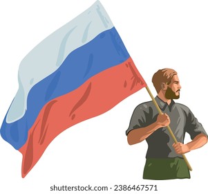 Color vector illustration of a man holding a flag. The man looks straight and holds the Russian flag