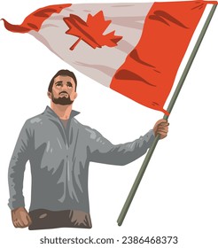 Color vector illustration of a man holding a Canadian flag. Man looking up at the sky