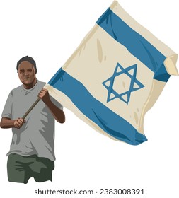 
farbige Vektorgrafik, ein Mann ohne Gesicht, das eine israelische Fahne in den Händen hält