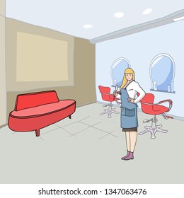 Color vector illustration, the master hairdresser, his workplace, the interior of the salon 