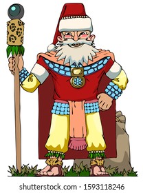 color vector illustration - Mayan warrior as Santa Claus with a bag of gifts