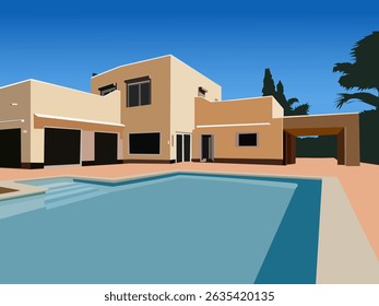 Color Vector illustration of a modern house with a swimming pool and palm trees. House in the Art Nouveau style and a large swimming pool in front of it, for decorating your designs in the style of re