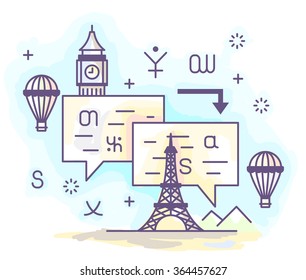 Color vector illustration of a modern linear style. Translation into foreign languages, travel around Europe, communication skills in foreign languages.