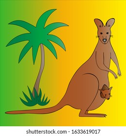 Color vector illustration of a mother kangaroo with a cub. Palm tree and green bushes. Animals on a yellow-green background.  Idea for a book, magazine, or web design.  The mammals of Australia. 