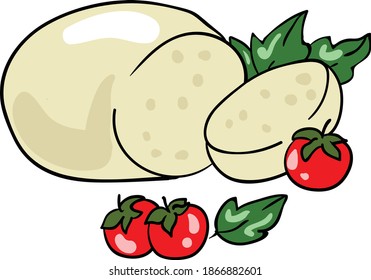 Color vector illustration with mozzarella cheese with cherry tomato. Doodle style and good for printing. Coloring page or illustration ideas. Good for printing. Food delicious illustration. Isolated.
