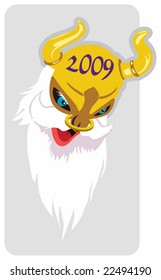 Color vector illustration for New Year: Santa Claus (Ded Moroz) wearing a yellow helmet with horns - the yellow bull is a symbol of the year 2009.
