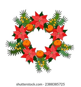 color vector illustration of a New Year's wreath. Christmas star, spruce branches, tangerines and berries.