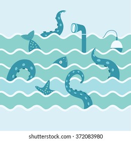 Color vector illustration of octopus tentacles, fish, float and starfish and periscope of submarine in the waves illustration.Fishing trip