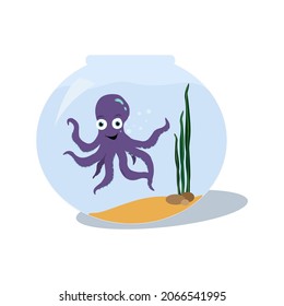 Color vector illustration of octopuses in an aquarium for postcards and prints