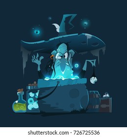 Color vector illustration of old ugly witch with big hat and magic pot cauldron