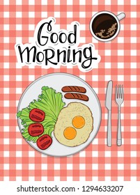 Color vector illustration of omelet with sausages, tomato and coffee. Poster for a cafe or restaurant with a healthy food and the inscription "good morning". Top view of the tablecloth and breakfast 