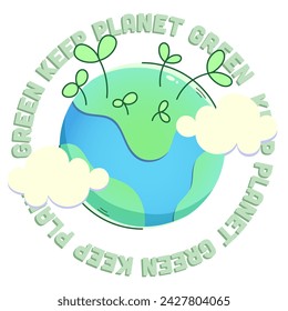 Color vector illustration on the theme of ecology with the planet and inscriptions. Clouds, sprouts, greenery