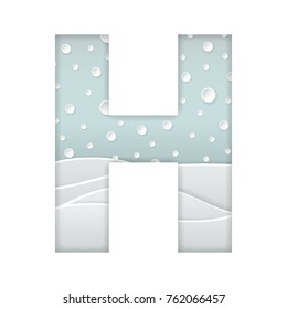 color vector illustration of paper art cut letter H with winter landscape with multi layers and shadows effect isolated on white background