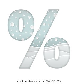 color vector illustration of paper art cut percent sign with winter landscape with multi layers and shadows effect isolated on white background